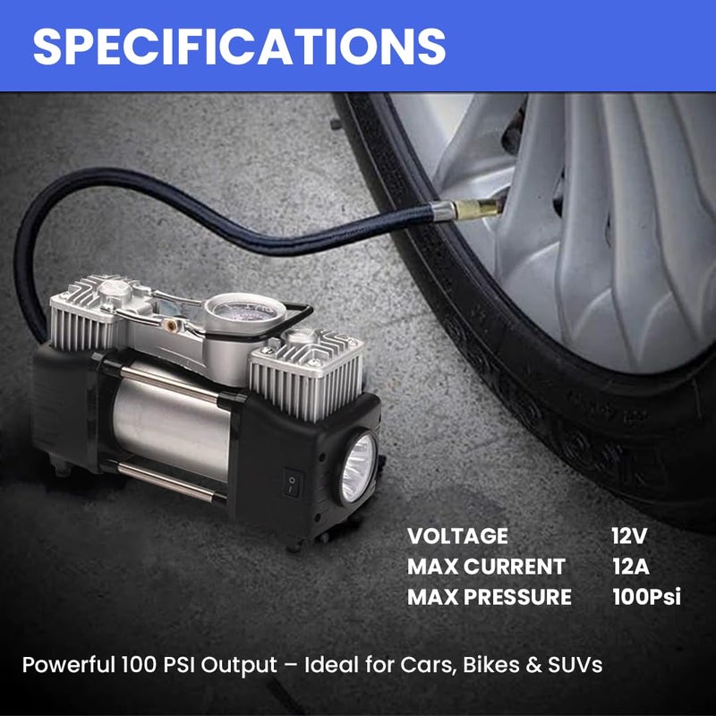 Mega Audio MEGAAUDIO MATI09 12V Double Cylinder Air Compressor Pump | 144W, 12A, 100 PSI with Auto Shut-Off, LED Light, and Multiple Valve Adaptors for Cars, Bikes, Motorcycles, Sports Balls, and Inflatables - Image 5