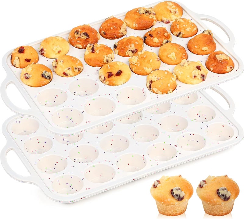 AOTASO 2 Pcs Mini Muffin Pans with Metal Reinforced Frame, 24 Cups Nonstick Silicone Cupcake Tray for Baking, Food Grade Small Muffin Molds with Handles (Cream) - Image 1