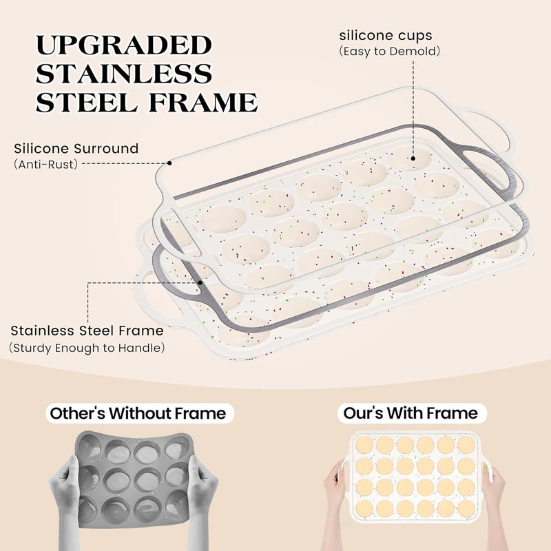 AOTASO 2 Pcs Mini Muffin Pans with Metal Reinforced Frame, 24 Cups Nonstick Silicone Cupcake Tray for Baking, Food Grade Small Muffin Molds with Handles (Cream) - Image 2