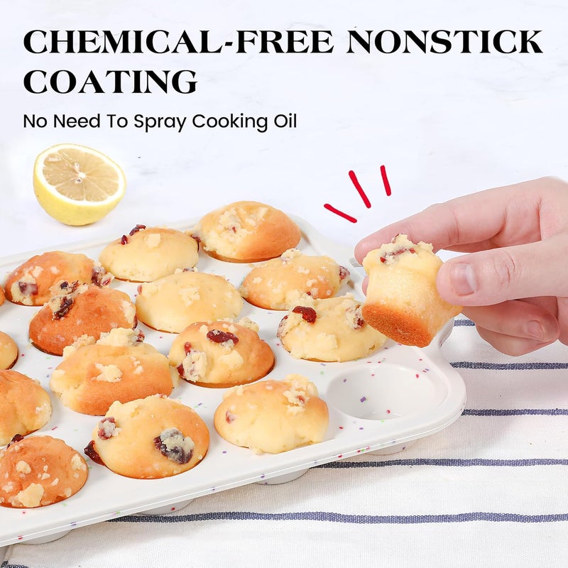 AOTASO 2 Pcs Mini Muffin Pans with Metal Reinforced Frame, 24 Cups Nonstick Silicone Cupcake Tray for Baking, Food Grade Small Muffin Molds with Handles (Cream) - Image 4