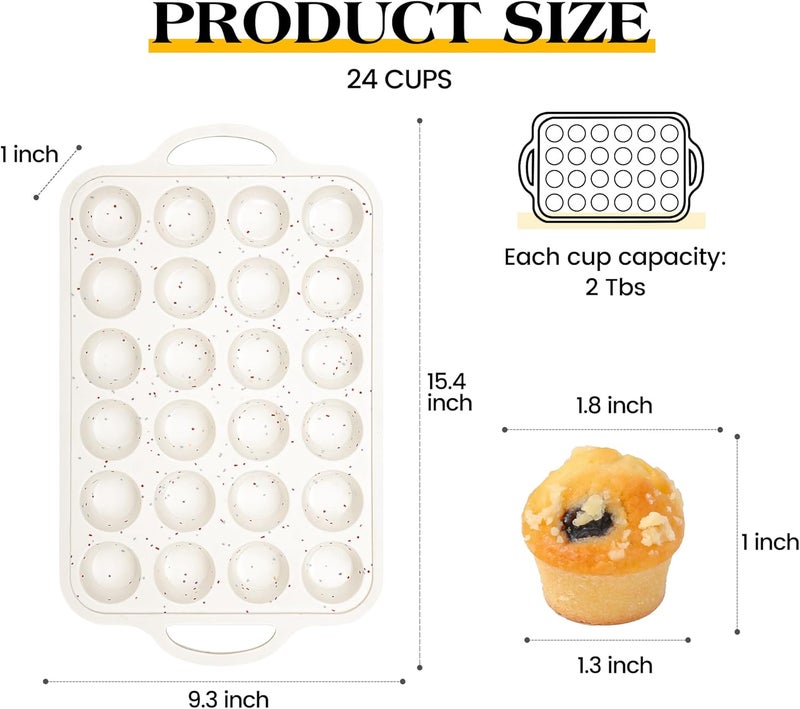 AOTASO 2 Pcs Mini Muffin Pans with Metal Reinforced Frame, 24 Cups Nonstick Silicone Cupcake Tray for Baking, Food Grade Small Muffin Molds with Handles (Cream) - Image 5
