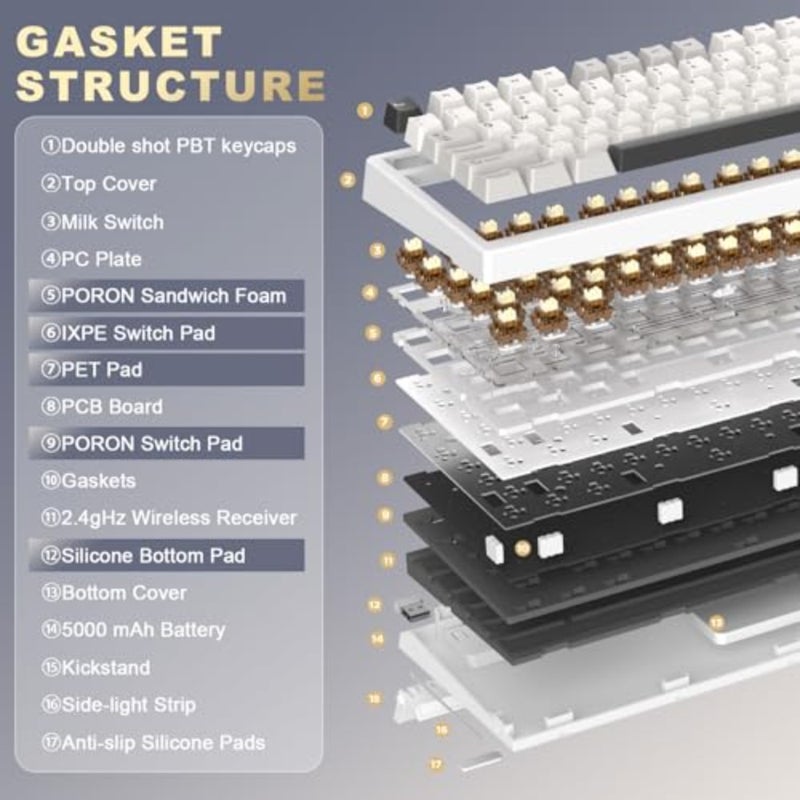 Mechanical keyboard gasket mount, PBT keycaps, white, ultra-quiet typing with precise tactile feedback - Image 4
