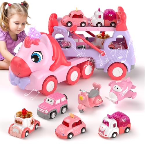 newcrave 7 in 1 Carrier Truck Toys for 1 2 3 Year Old Girl Birthday Gifts Princess Toddler Toys Age 13 24 Toddler Girl Car Toys with Light  Music Toy Car for Girls - Image 1