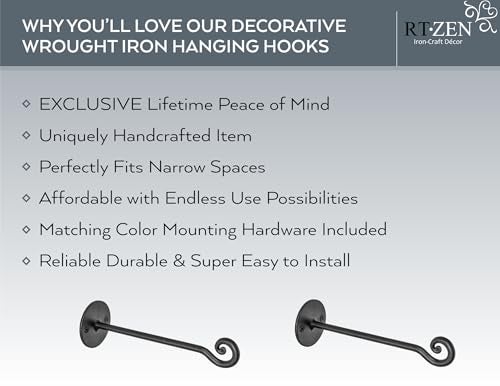 RTZEN Plant Hangers Outdoor or Indoor - Wrought Iron Metal Hanger Indoor Hook - Heavy Duty Wall Bracket Hooks for Hanging Plants Baskets Lanterns Wind Chimes - 2 Pack (Black Swirl Hooks) - Image 2