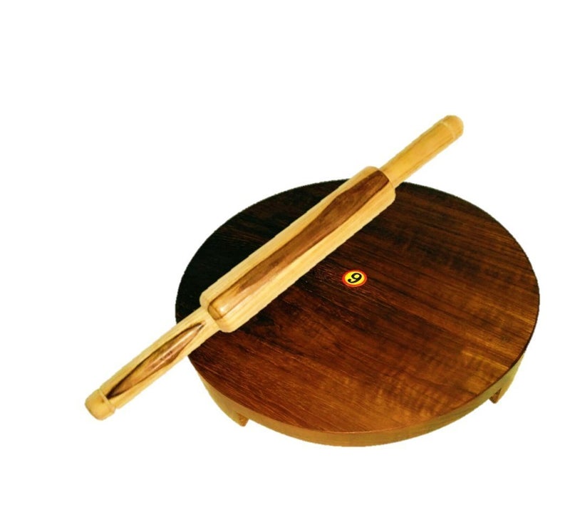 ARMAN SPOONS Handmade Teak Wood Rolling Board and Roller CHAKLA BELAN 9 INCH Diameter CHAKLA with 15 BELAN Teak Wood Royal Spoons - Image 1