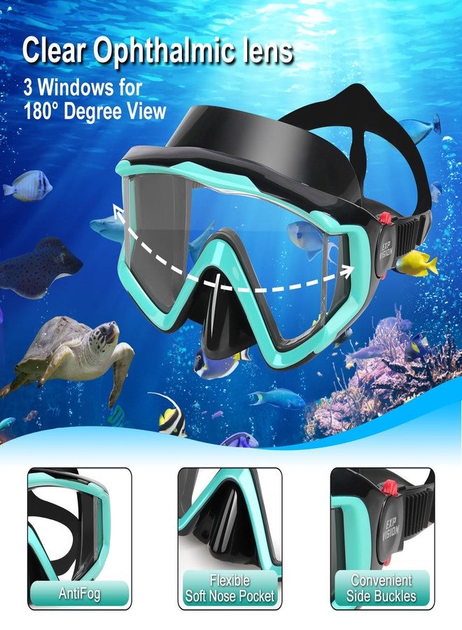 EXP VISION Snorkel Set Pano 3 Window Adult Snorkeling Gear, Professional Snorkel Goggles Anti-Fog Diving Mask, Anti-Leak Swim Goggles and Dry Top Snorkel for Diving, Snorkeling, Swimming (Black+Aqua 2 Pack) - Image 2