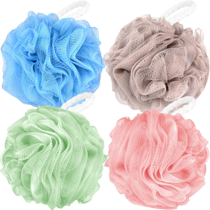 Fu Store Loofah Sponge Shower Loofahs 70G Bath Sponges Mesh Balls 4 Colors For Body Scrubber Exfoliator Wash Back Scrubbers Bathroom Men Women 4 Pack Cleaning Bathing Accessories Blue Beige Green Pink - Image 1