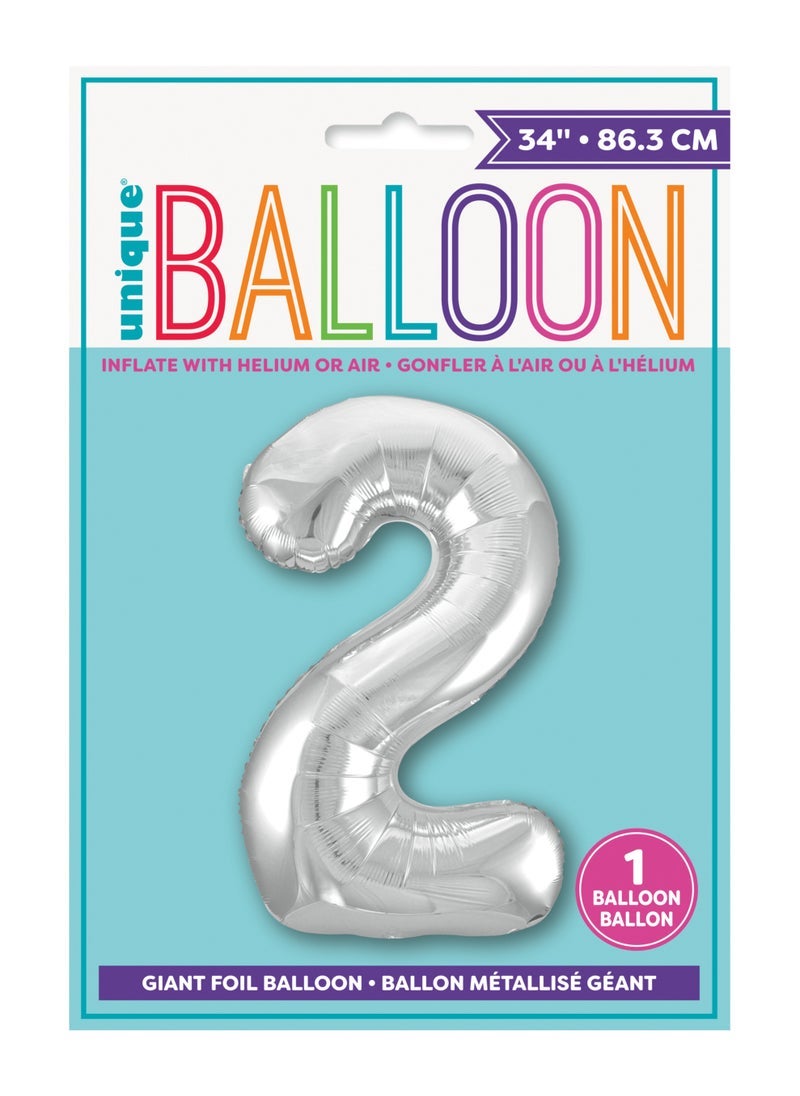 Unique 34" Silver Foil Number 2 Balloon - Image 2