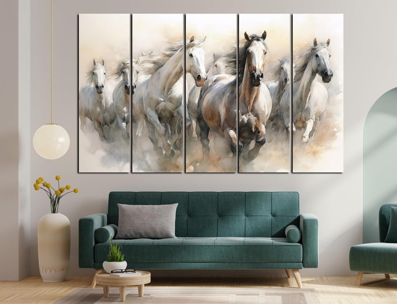 CN RETAILS Vaastu 7 Horses Set of 5 Big Size (48x30) Multiple Frames Wall Art Painting for Bedroom,Drawing room,Hotels-Wooden Framed-Digital Painting ss17_03 - Image 1