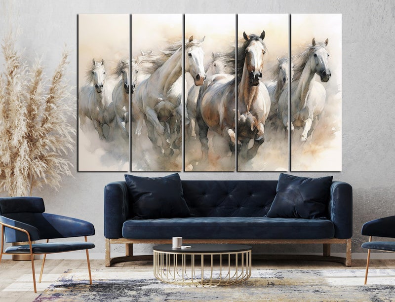CN RETAILS Vaastu 7 Horses Set of 5 Big Size (48x30) Multiple Frames Wall Art Painting for Bedroom,Drawing room,Hotels-Wooden Framed-Digital Painting ss17_03 - Image 2
