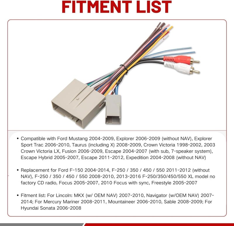 RED WOLF Car Radio Wiring Harness W/Anetnna Adapter RCA Input for Ford Mustang 2004-2009, Hyundai Sonata 2006-2008, Mercury Mariner 2008-2011 Install Aftermarket Stereo CD Player Wire Cable - Image 2