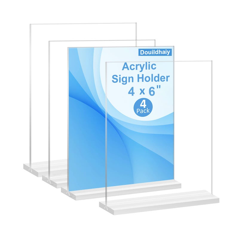 Douildhaiy 4 Pack 4 x 6 Acrylic Double Side Sign Holder T Shape Plastic Menu Display StandTable Card Display Paper Stand for Restaurants Office Photo Frames Store  Vertical