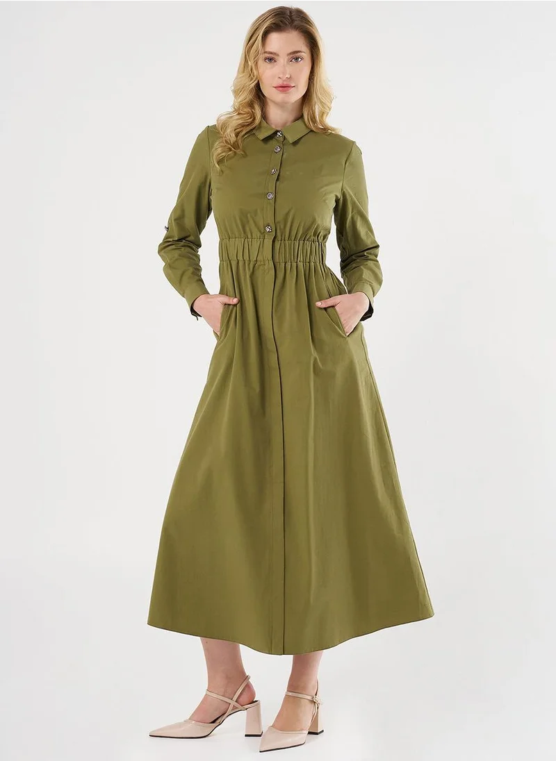 Kayra Shiny Button Cotton Dress - Khaki