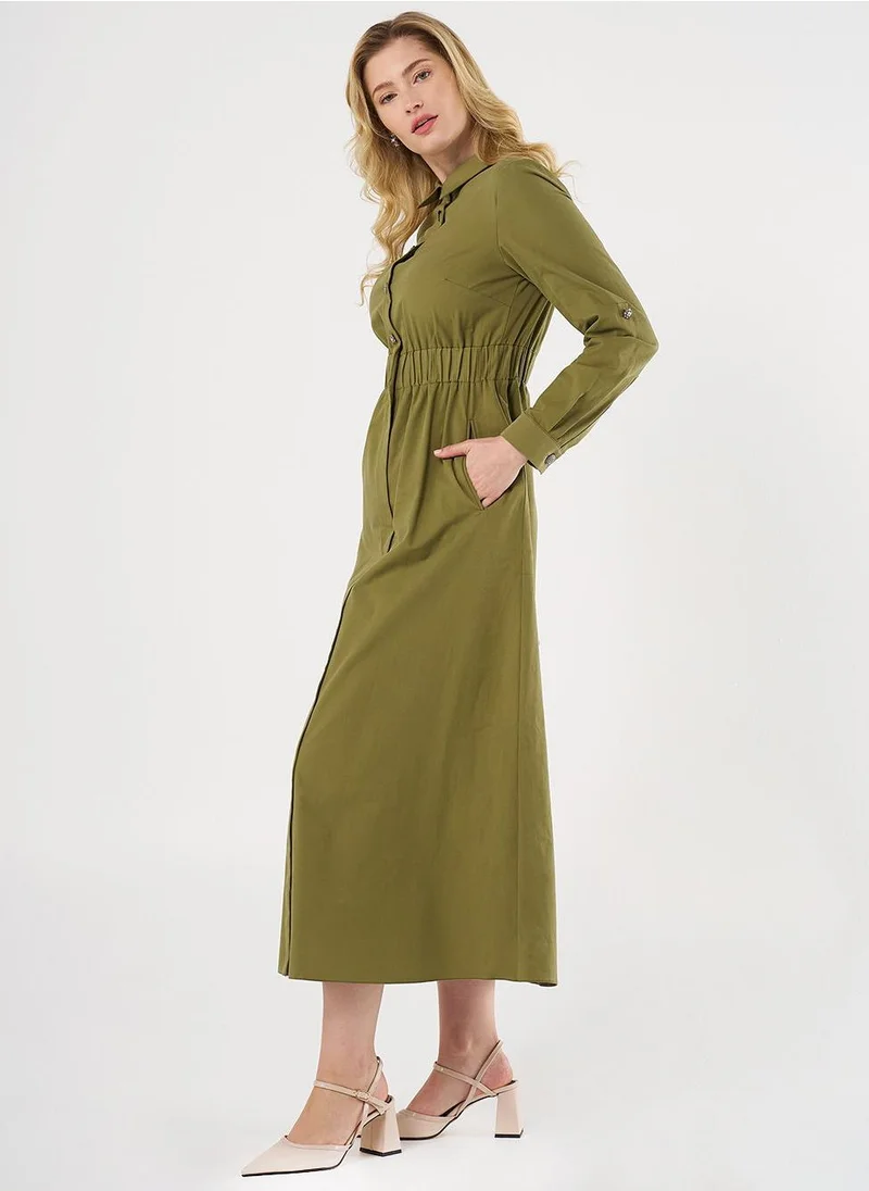 Kayra Shiny Button Cotton Dress - Khaki