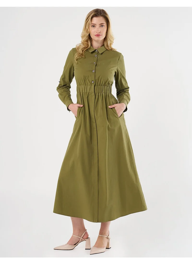 Kayra Shiny Button Cotton Dress - Khaki
