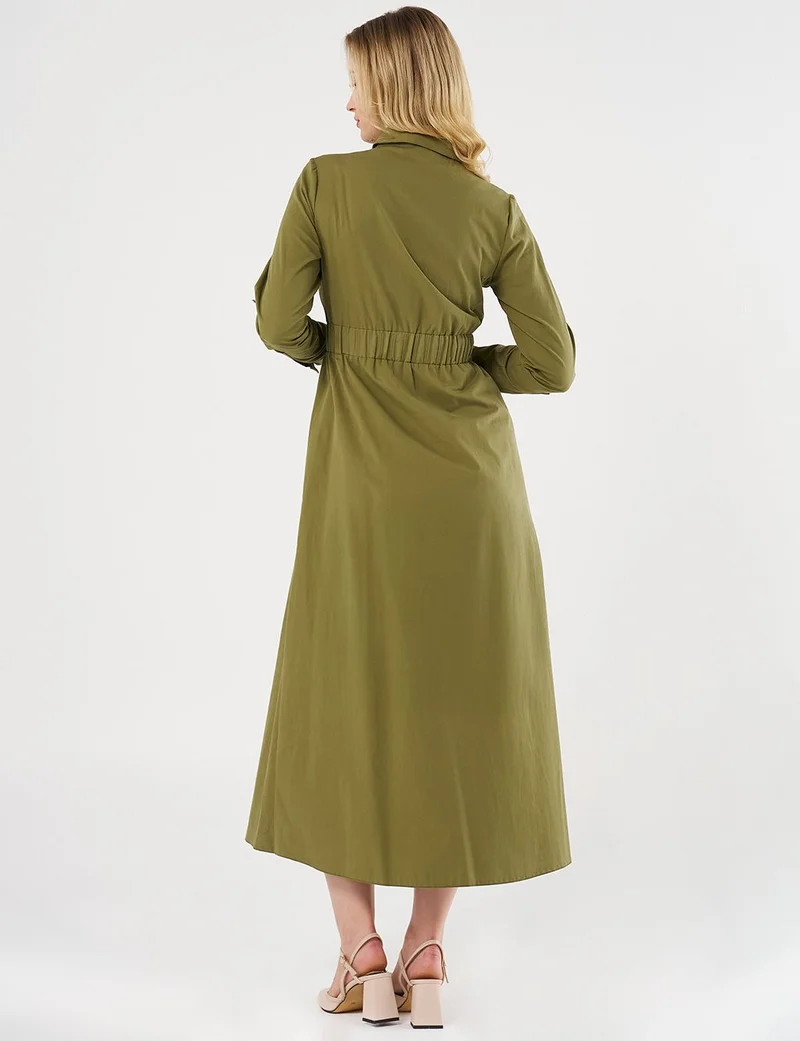 Kayra Shiny Button Cotton Dress - Khaki
