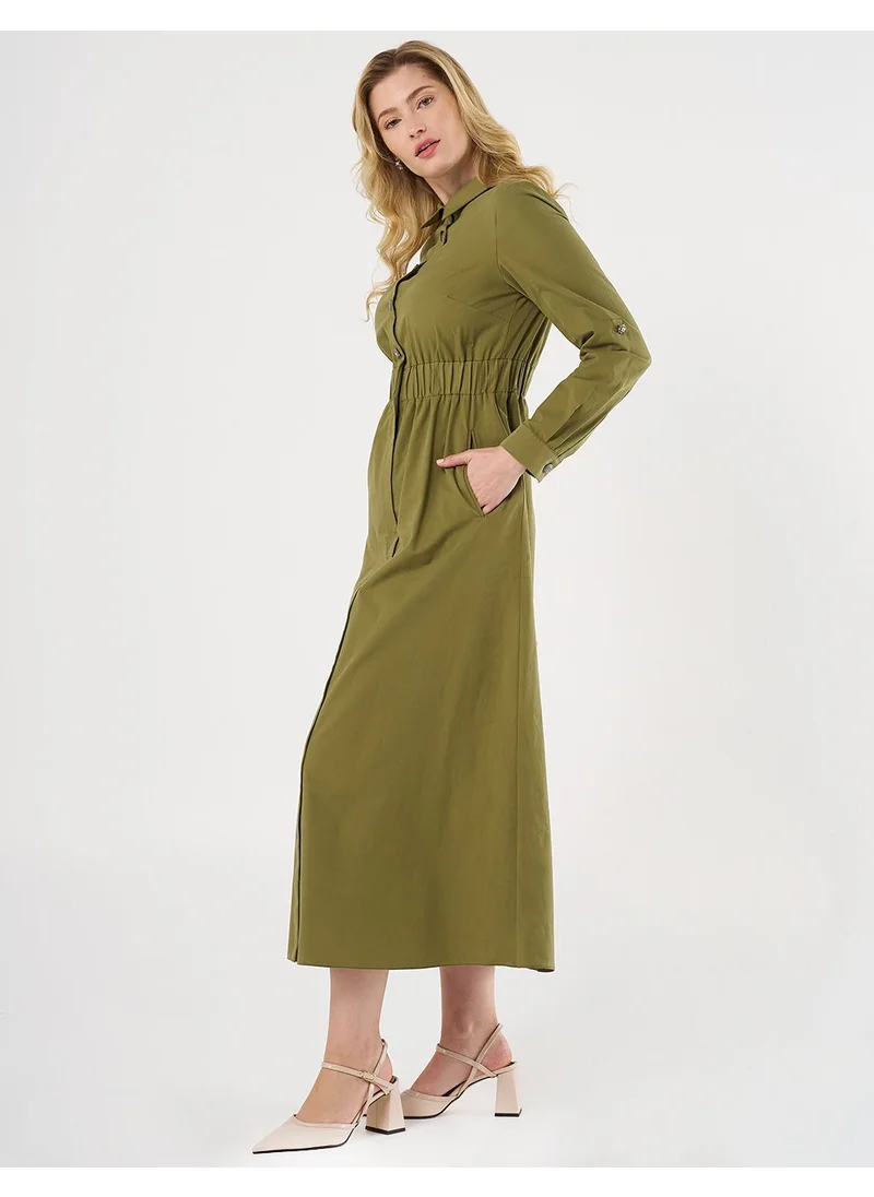 Kayra Shiny Button Cotton Dress - Khaki