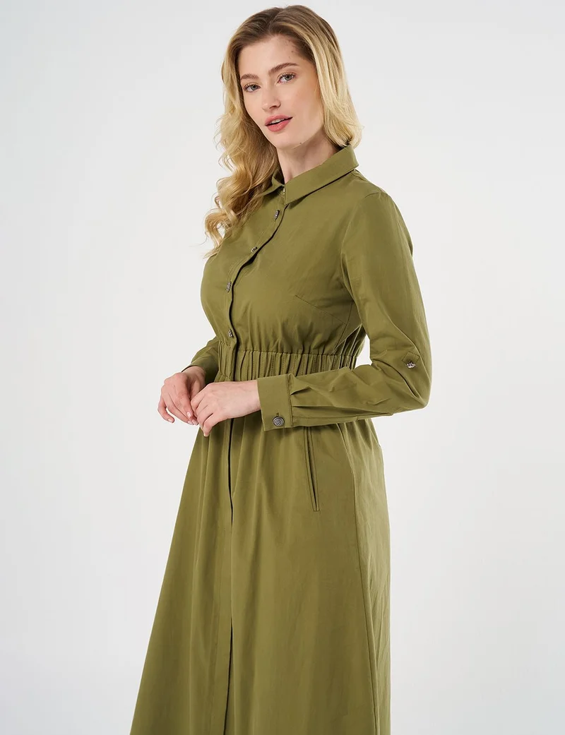 Kayra Shiny Button Cotton Dress - Khaki