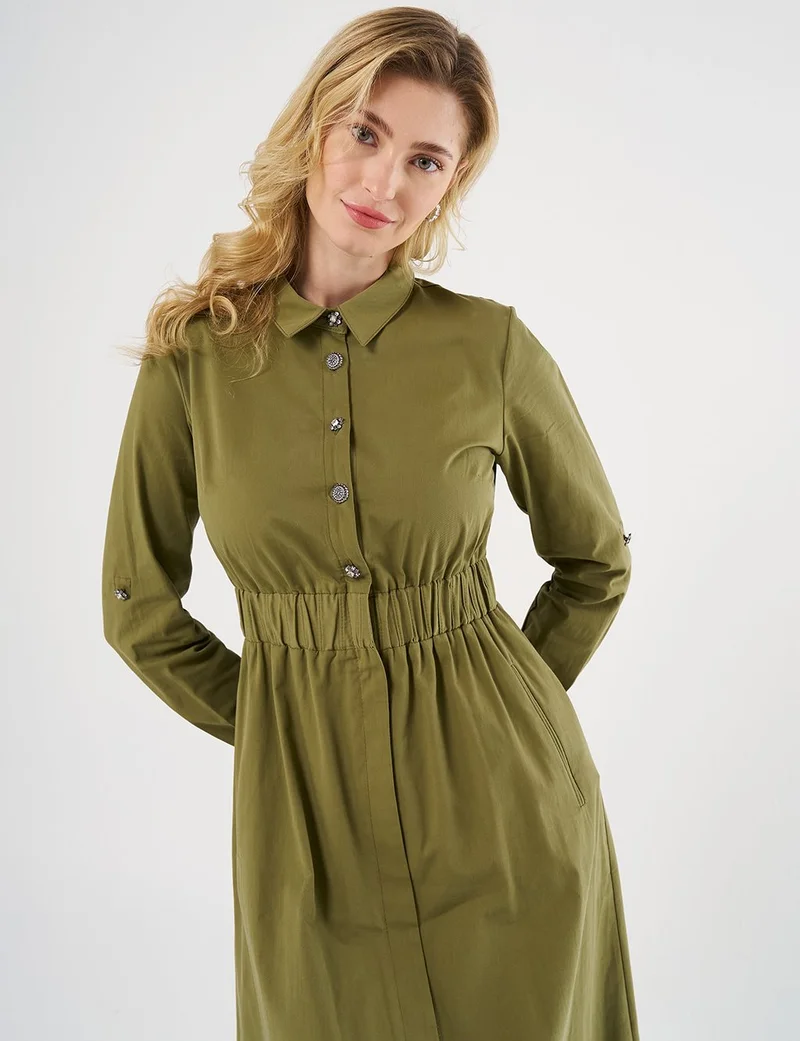 Kayra Shiny Button Cotton Dress - Khaki