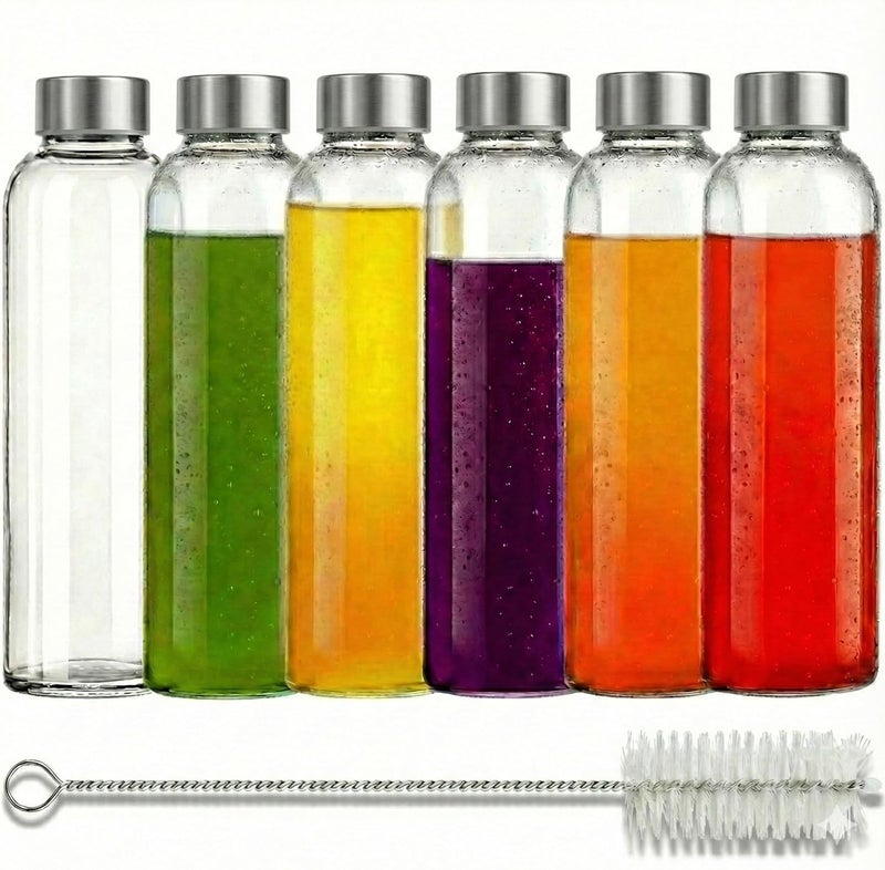 Brieftons Glass Water Bottles With Caps: Clear, 6 Pack, 18 Oz, Leakproof Lids, Premium Soda Lime, Best As Reusable Drinking Bottle, Sauce Jar, Juice Beverage Container, Kefir Kit, With Cleaning Brush - Image 1