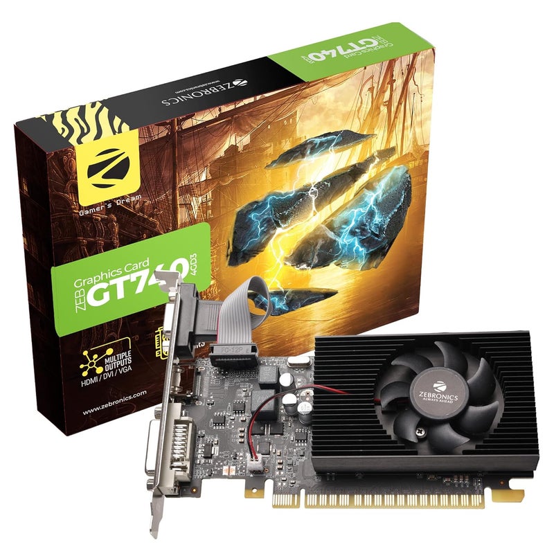ZEBRONICS بطاقة الرسوميات GT740-4GD3، pci_e_x16 مدعومة من NVIDIA، 4GB GDDR3، 128-بت، Pcie3.0، حتى 2560 × 1440 @60Hz، مخرجات متعددة - HDMI | DVI | VGA، دعم Physx، مبرد مع مروحة، كفاءة عالية - Image 1