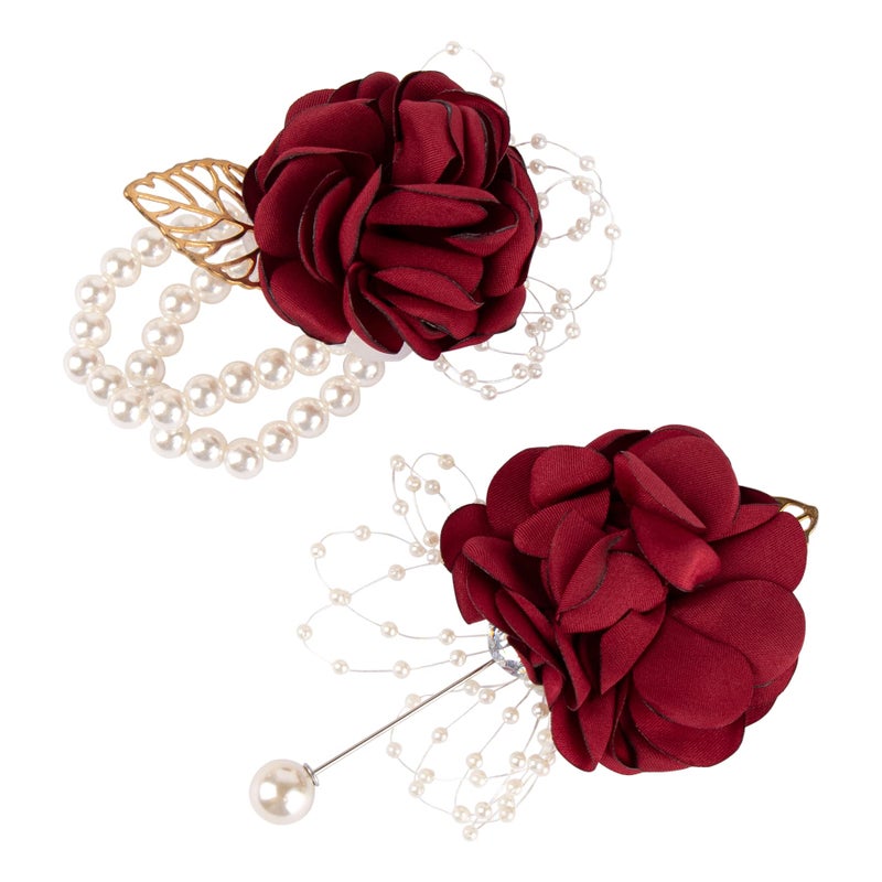 AUEAR, Rose Bridal Burgundy Red Wrist Corsage and Boutonniere Set Bridesmaid Hand Flower for Wedding - Image 1