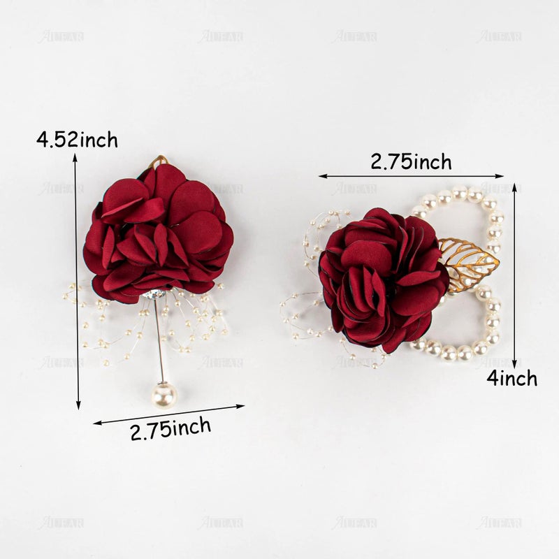 AUEAR, Rose Bridal Burgundy Red Wrist Corsage and Boutonniere Set Bridesmaid Hand Flower for Wedding - Image 2