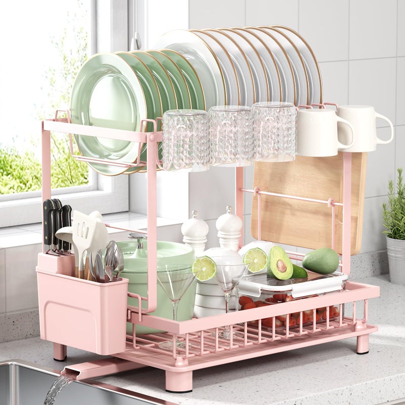 Nfnoyp Multifunctional Dish Drying Rack - Rustproof, 2-Tier Dish Racks with Drainboard, Space-Saving Design, Utensil & Cup Holder for Kitchen Counter, Pink - Image 1