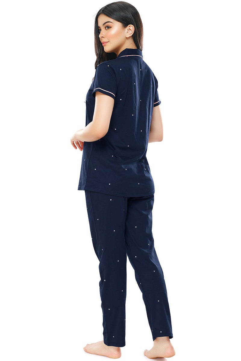 ZEYO Women's Cotton Dot Printed Night Suit Set of Shirt & Pyjama 5252 (Navy Blue (Dot) XXXXX-Large) - Image 3