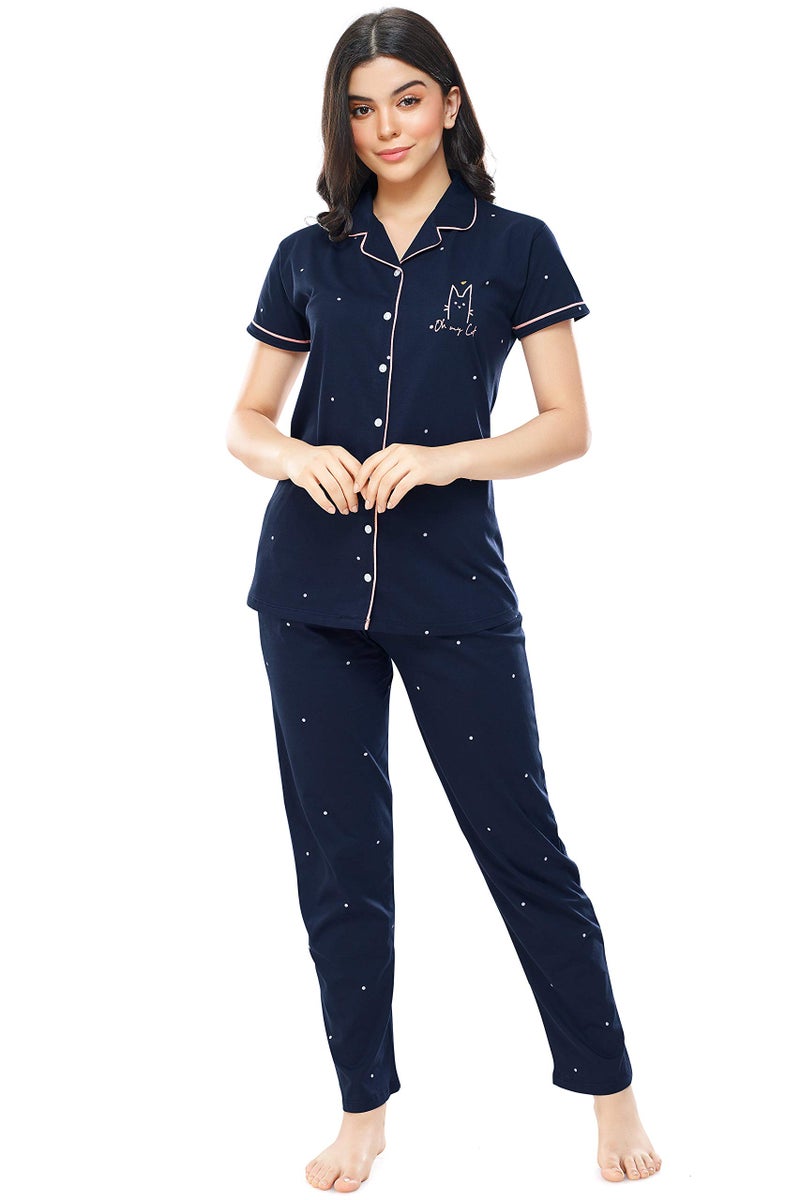 ZEYO Women's Cotton Dot Printed Night Suit Set of Shirt & Pyjama 5252 (Navy Blue (Dot) XXXXX-Large) - Image 1