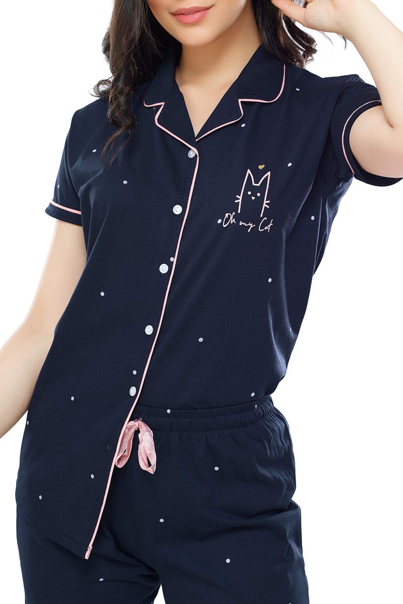 ZEYO Women's Cotton Dot Printed Night Suit Set of Shirt & Pyjama 5252 (Navy Blue (Dot) XXXXX-Large) - Image 2
