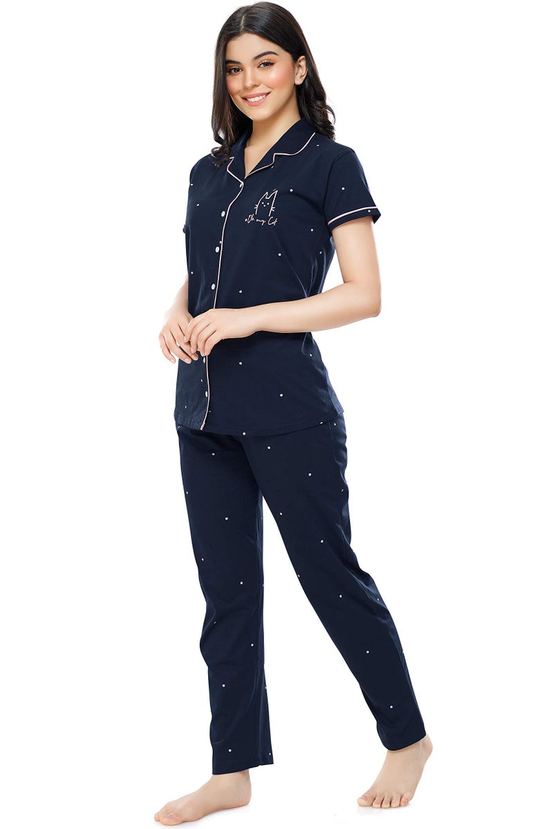 ZEYO Women's Cotton Dot Printed Night Suit Set of Shirt & Pyjama 5252 (Navy Blue (Dot) XXXXX-Large) - Image 4