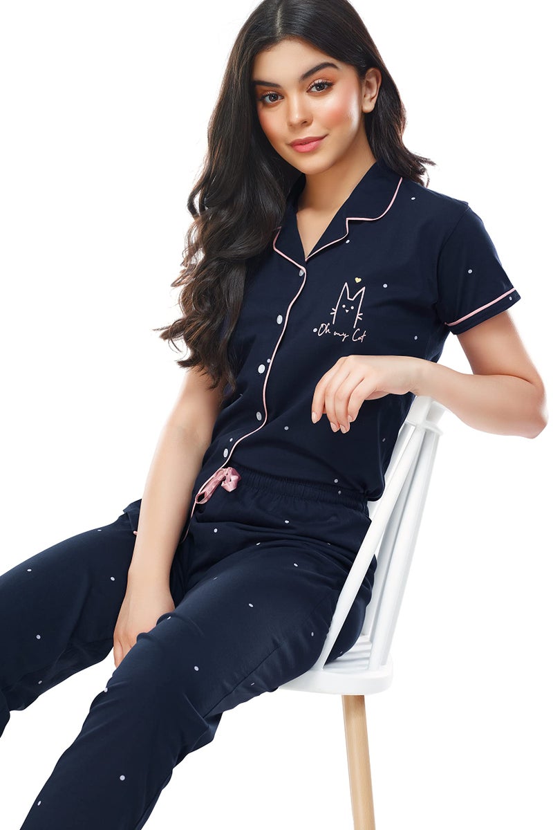 ZEYO Women's Cotton Dot Printed Night Suit Set of Shirt & Pyjama 5252 (Navy Blue (Dot) XXXXX-Large) - Image 5