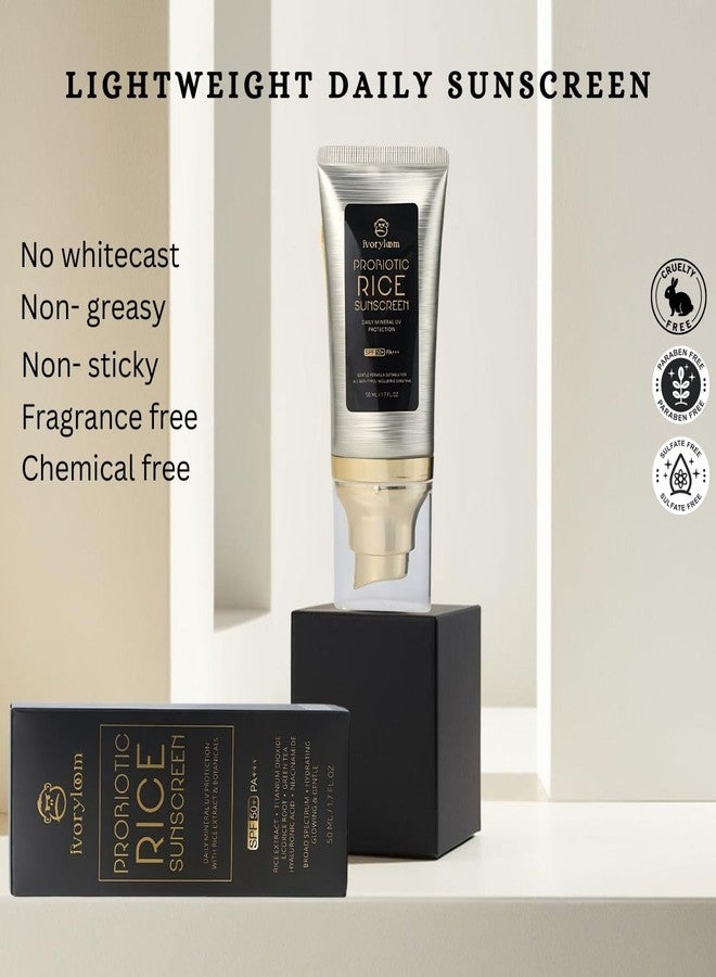 ivory loom واقي شمس معدني إيفوري لوم SPF 50 PA++++ | ترطيب سريع الامتصاص مع تخمير الأرز، النياسيناميد، حمض الهيالورونيك، ثاني أكسيد التيتانيوم | طيف واسع | بدون أثر أبيض | آمن للشعاب المرجانية | 1.7 أونصة - Image 3