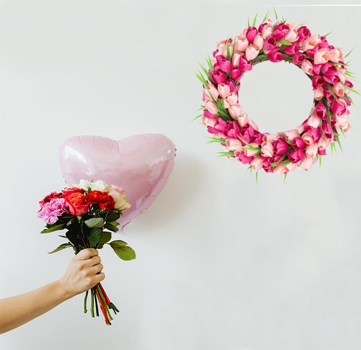 Yawwind Valentines Day Wreaths for Front Door 20 Inch Valentine Door Wreath Valentine's Wreaths Tulip Wreath with Red Pink Artificial Tulip Flowers for Holiday Outside Indoor Window Wall - Image 3