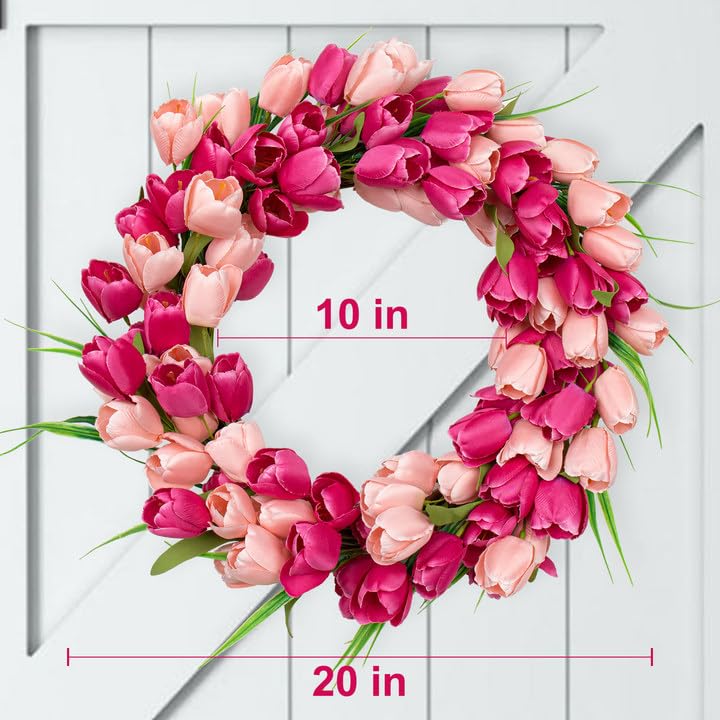 Yawwind Valentines Day Wreaths for Front Door 20 Inch Valentine Door Wreath Valentine's Wreaths Tulip Wreath with Red Pink Artificial Tulip Flowers for Holiday Outside Indoor Window Wall - Image 5