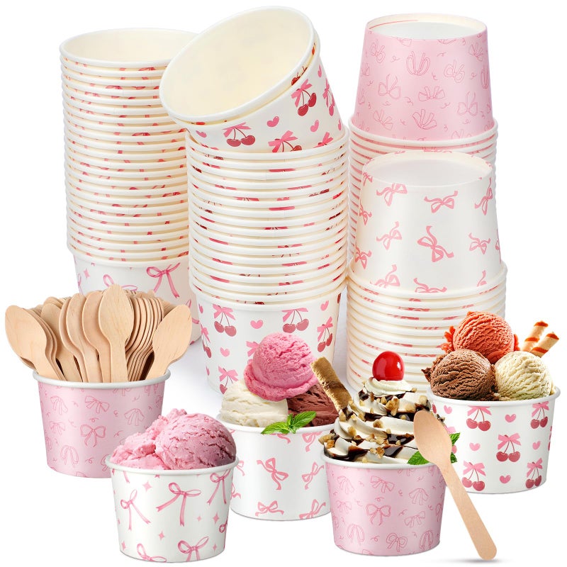 Gejoy 200 Pcs 100 Set Pink Bow Coquette Ice Cream Cup with Spoon 8oz Disposable Paper Dessert Cup Ice Cream Snack Bowl Coquette Party Favor