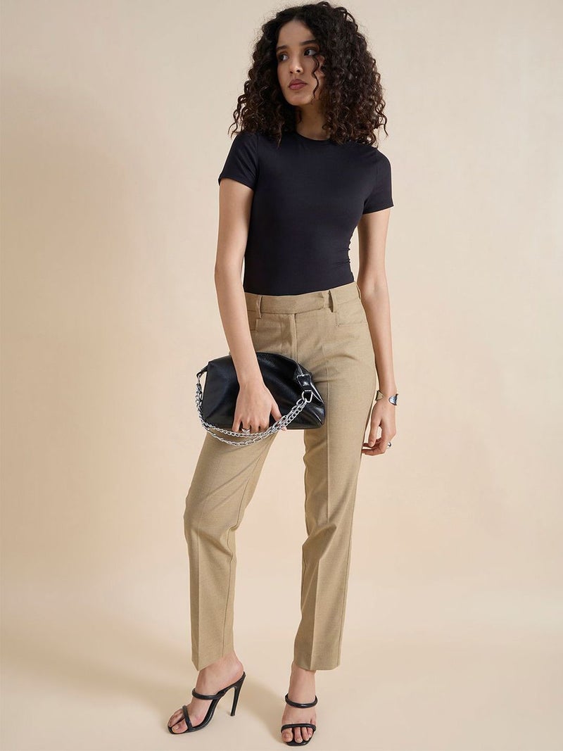Powersutra Beige Regular Fit Mid Waist Trousers for Women - Image 5