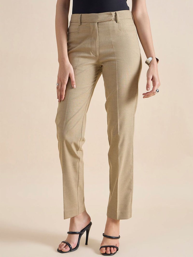 Powersutra Beige Regular Fit Mid Waist Trousers for Women - Image 1