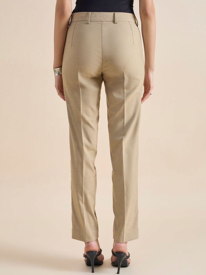 Powersutra Beige Regular Fit Mid Waist Trousers for Women - Image 3