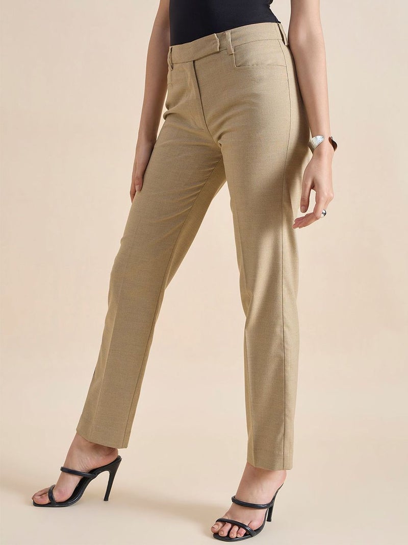 Powersutra Beige Regular Fit Mid Waist Trousers for Women - Image 2