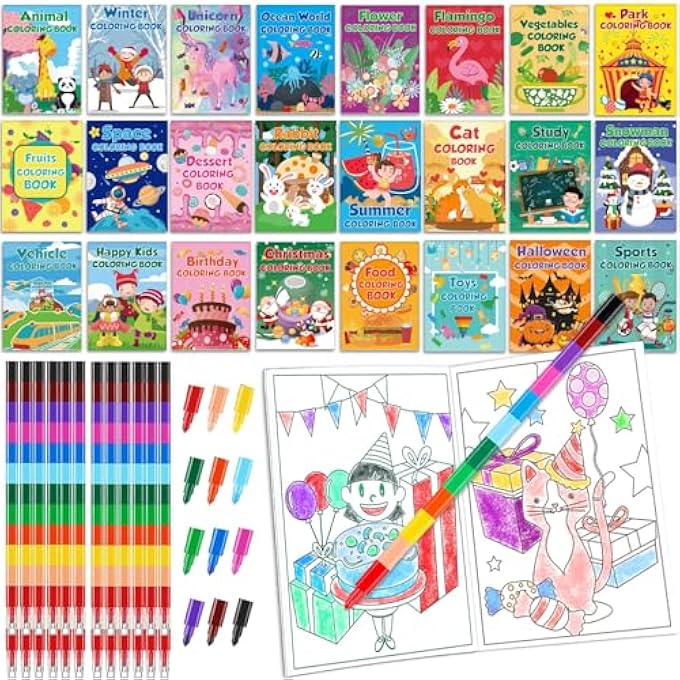 24PACK SMALL COLOR BOOKS FOR KIDS WITH 24 STACKING CRAYONS SET BULK COLORING BOOKS FOR KIDS AGES 2-4, 4-8, 8-12 MINI COLOR BOOKS FOR BIRTHDAY PARTY GIFTS GOODIE BAGS STUFFERS CLASSROOM ACTIVITY - Image 1