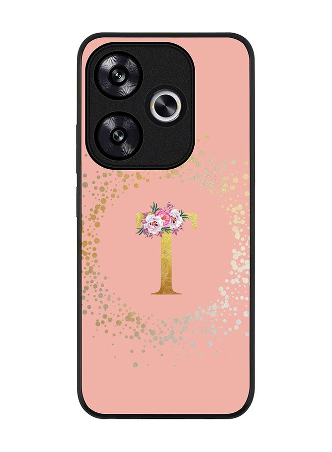 Stylizedd Rugged Black edge case for Xiaomi Poco F6 / Xiaomi Redmi Turbo 3 Case Cover- Custom Monogram Initial Letter Floral Pattern Alphabet - T (Rose Pink) - Image 1
