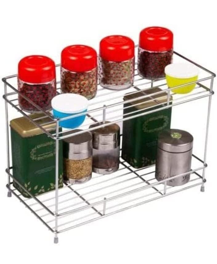 Cri8Hub Premium Stainless Steel Floor Mount Kitchen Rack, Floor Mount Kitchen Organizer And Space Saver, Counter Top Stand 2-Tiered Shelf Trolley Basket For Boxes Utensils Dishes Plates - For Home - Image 2