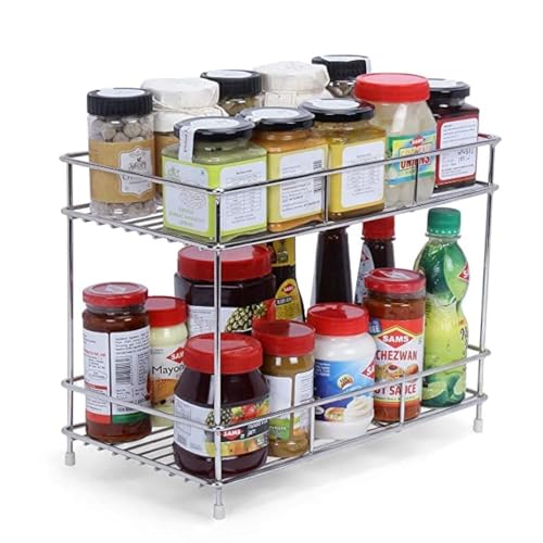 Cri8Hub Premium Stainless Steel Floor Mount Kitchen Rack, Floor Mount Kitchen Organizer And Space Saver, Counter Top Stand 2-Tiered Shelf Trolley Basket For Boxes Utensils Dishes Plates - For Home - Image 1