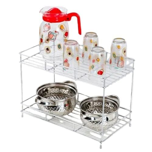 Cri8Hub Premium Stainless Steel Floor Mount Kitchen Rack, Floor Mount Kitchen Organizer And Space Saver, Counter Top Stand 2-Tiered Shelf Trolley Basket For Boxes Utensils Dishes Plates - For Home - Image 4
