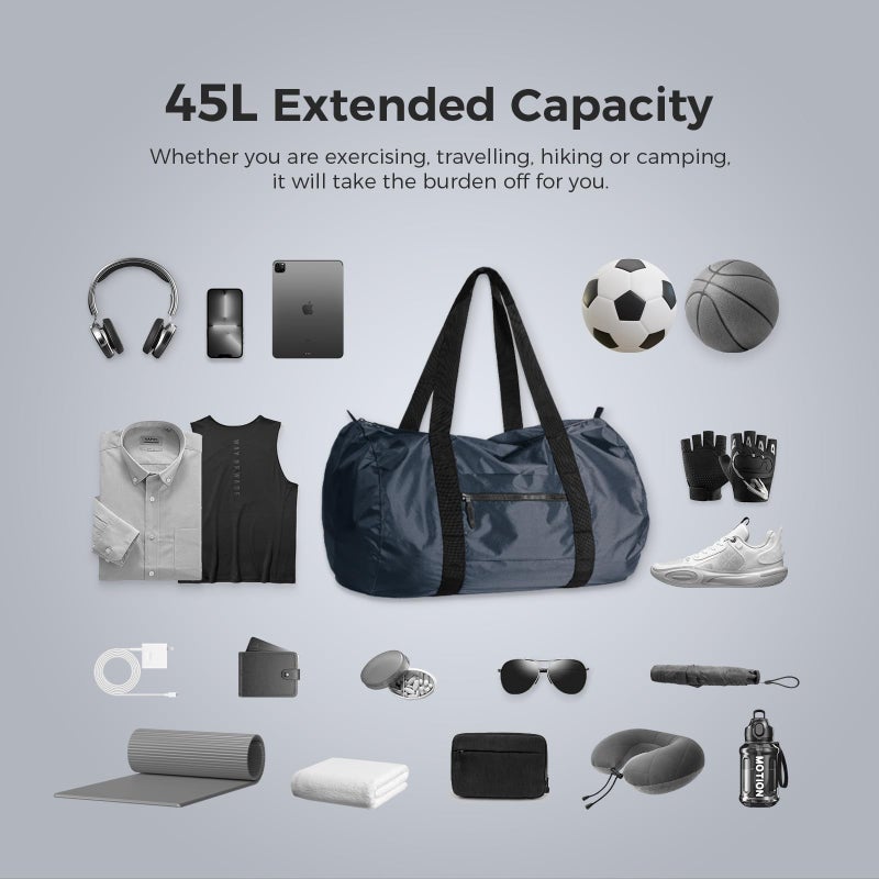 pack all 45L Foldable Duffel Bag, Water-Resistant Sports Gym Bag, Portable Weekender Bag Lightweight for Travel, Fitness and Camping (Navy Blue) - Image 2