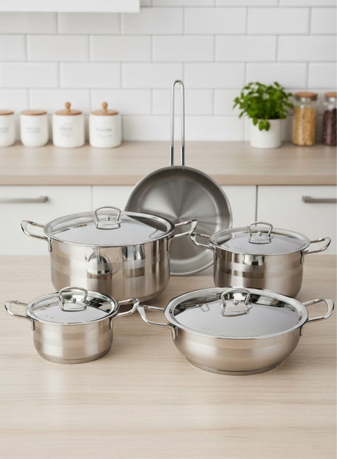 9-Piece Non Stick Stainless Steel Cookware Set, Oven Safe, Dishwasher Safe, 304 Grade, Includes Lids, 24cm Shallow Pan, 24cm Pot, 20cm Pot, 16cm Pot, 24cm Fry Pan Silver