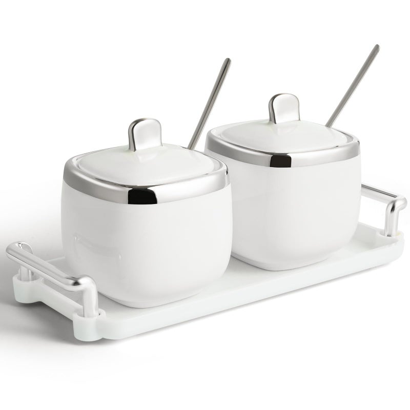 EABOSON Ceramic Sugar Bowl 2 Pack, Porcelain Seasoning Jar with Tray, Spoon and Lid for Sugar, Pepper, Coffee, Spice, Salt (silver) - Image 1