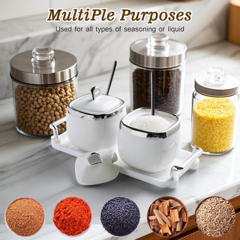 EABOSON Ceramic Sugar Bowl 2 Pack, Porcelain Seasoning Jar with Tray, Spoon and Lid for Sugar, Pepper, Coffee, Spice, Salt (silver) - Image 5